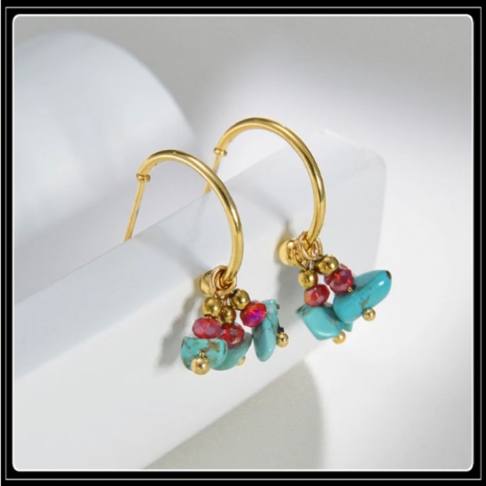 New Gold Boho Simulated Turquoise and Garnet Bead Stone Hoop Earrings